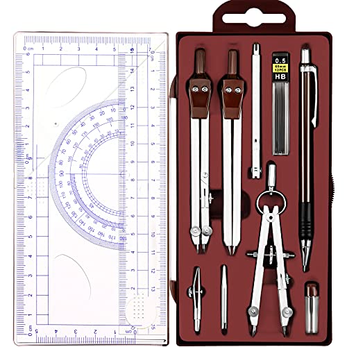 Outus 13 Pcs Geometry Set for Students Metal Compass Math Protractor with Rulers Mechanical Pencil Lead Refills Storage Box of Protractors Kit for School Class Student Drafting Drawing