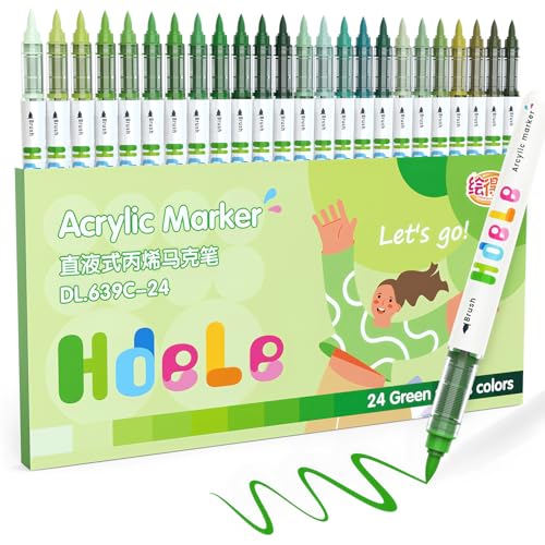 Guangna Green Acrylic Paint Markers 24 Color, Brush Tip Acrylic Paint Pens for Pumpkin Paint, Christmas Art, Rock Painting, Wood, Glass, Ceramic, Canvas, Stone, DIY Crafts - color: 24-Green
