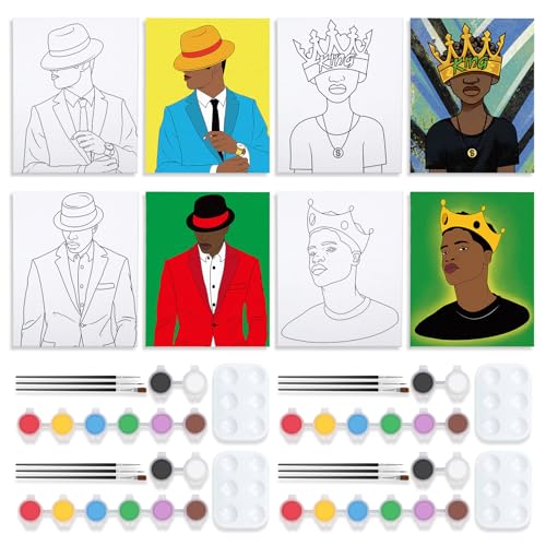 VOCHIC 4 Pack Sip and Paint Kit, Pre Drawn Canvas for Painting for Adults Canvas with Pictures to Paint Art Party Supplies Set Date Night Games Gift Favor (Gentlemen Afro King 8 x 10 in) - size: 8x10, style: style 7