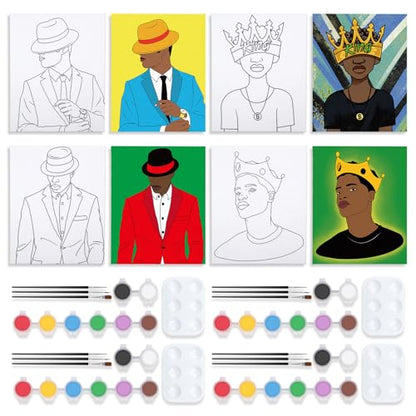 VOCHIC 4 Pack Sip and Paint Kit, Pre Drawn Canvas for Painting for Adults Canvas with Pictures to Paint Art Party Supplies Set Date Night Games Gift Favor (Gentlemen Afro King 8 x 10 in) - size: 8x10, style: style 7