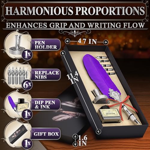 Victorian Writing Quill and Ink Set – Stainless Steel Dip Pen Feather Quill Pen and Ink Set with 5 Nib Refills, Secure Textured Grip, Gift-Ready Box with Display Stand – Calligraphy Gift Set (Purple) - color: Purple