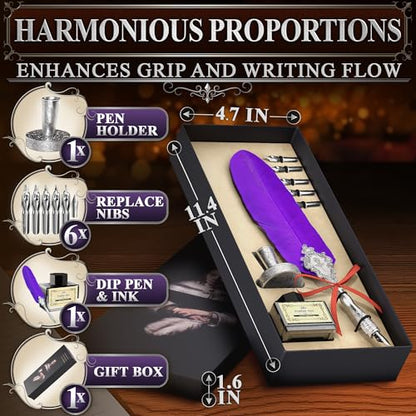 Victorian Writing Quill and Ink Set – Stainless Steel Dip Pen Feather Quill Pen and Ink Set with 5 Nib Refills, Secure Textured Grip, Gift-Ready Box with Display Stand – Calligraphy Gift Set (Purple) - color: Purple