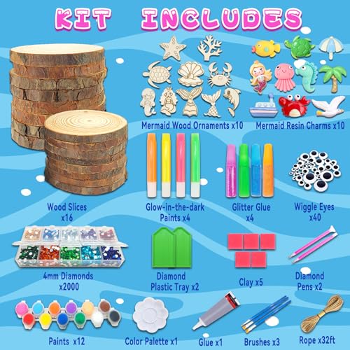 klmars Mermaid Themed Wooden Painting Kit-Glow in The Dark-Arts & Crafts Gifts for Kids Girls Ages 6-12-Wood Slice Craft Activities Kits -Mermaid Art Toys for Kids Christmas Gifts - color: Mermaid