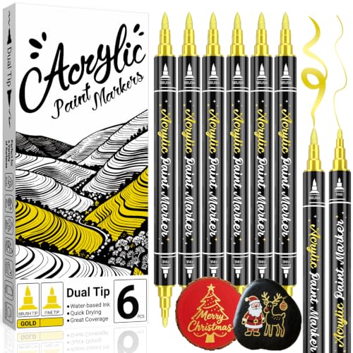 AKARUED 6 Gold Paint Marker Paint Pen: Dual Tip Acrylic Gold Pen for Craft | Value Pack of 6 | Dual-Tip Precision | Fine & Brush Tip| Metallic Gold | Multi-Surface Versatility | Ready-to-Use Convenience - color: Gold