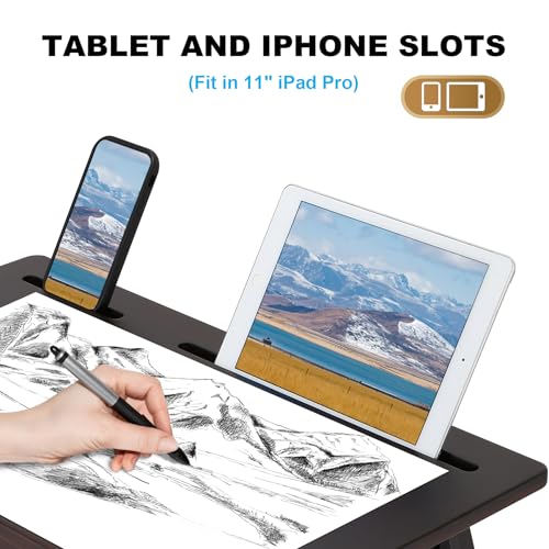 Nnewvante Drawing Table Foldable Drafting Desk with Adjustable Height & Angle Bamboo Drawing Board Easel with Tablet and Phone Slots for Painting, Drafting, Writing, Reading - color: Black Walnut