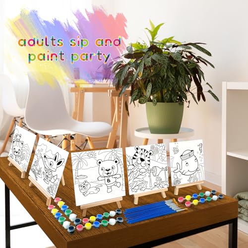 SytuHete 48PCS 12 Sets Printed Canvas Paint Art 12 Pcs Wooden Easel Set Paint Pots and Brushes and 12 Pre Drawn Canvas Panel 12 Pcs Mini Apron and Tote Bag for Kids(Classic) - style: Classic
