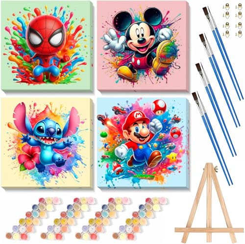 Fuinkqe 4 Packs Cartoon Paint by Numbers Kits for Kids Framed,Paint by Numbers for Kids Ages 8-12 with Framed Canvas,DIY Easy Painting Kits with Wooden Easel for Home Wall Decor 8X8 Inch - color: BKH1635-BKH1638