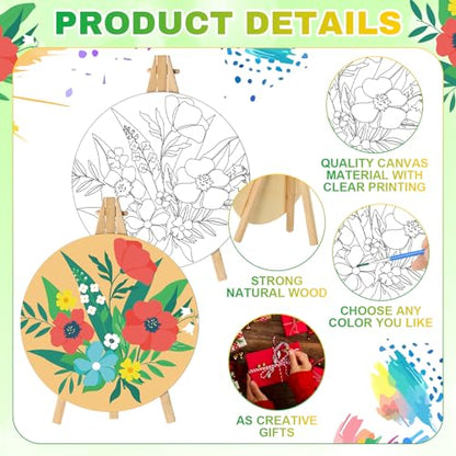 Supervitae 72 Piece Spring Floral 5.9" Round Pre Drawn Canvas Kit Spring Paint and Sip Kit with Pictures Paints Easels Brushes for Kids Adults DIY Painting Holiday Easter Party Gifts - size: 5.9", style: Flower