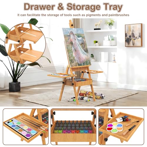 Large Beech Wood H-Frame Easel, Painting Easel for Adults with Storage Box and Palette, Multi-Function Studio Easel, Professional Foldable Artist Easel Stand for Painting, Holds Canvas Art up to 36" - color: Natural