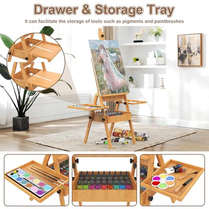 Large Beech Wood H-Frame Easel, Painting Easel for Adults with Storage Box and Palette, Multi-Function Studio Easel, Professional Foldable Artist Easel Stand for Painting, Holds Canvas Art up to 36" - color: Natural