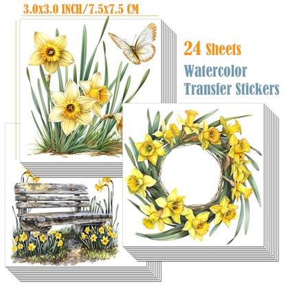 ZMRU 24 Sheets of Watercolor Style Rub on Transfers for Crafts - Perfect for Glass, Porcelain, Leather, Canvas, and Fabric Projects - IOD Transfers Included,3 * 3inch (Yellow Daffodil) - style: Yellow Daffodil