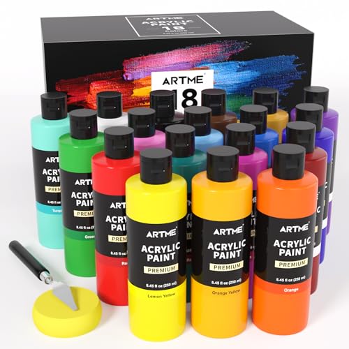 Artme 18 Colors Acrylic Paint Set, 8.45oz/250 ml Large Bulk Acrylic Paint, Rich Pigment Art Painting Supplies for Artists and Beginners Painting on Canvas Wood Rocks Crafts Ceramic
