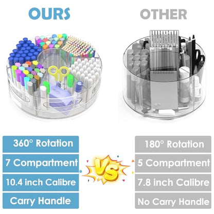 Acrylic Marker Organizer, 360 Degree Rotating Pencil Organizer with 7 Removable Compartments, Clear Crayon Organizers for Kids, Large Pencil Holder Desk for Office Home School