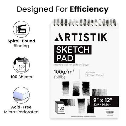 ARTISTIK Spiral Sketch Pad – 100-Sheet Perforated Sketchbook for Pencil, Pastel & Crayon – 100 g/m²(68lb) Mixed Media Sketching & Writing Pad – 9" x 12", Pack of 2 - size: Sketch Pad 9 x 12"
