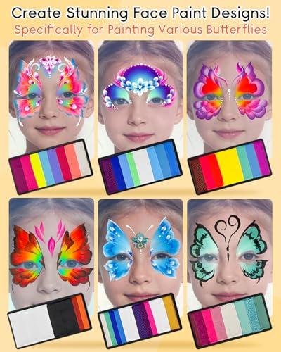 Anka Bella Face Painting Kit for Kids & Adults, Water Activated Face Paint Palette with 14 Brushes, Non Toxic Hypoallergenic Washable Face Paint Professional for Drawing Butterflies - color: ButterflyGlow Palette