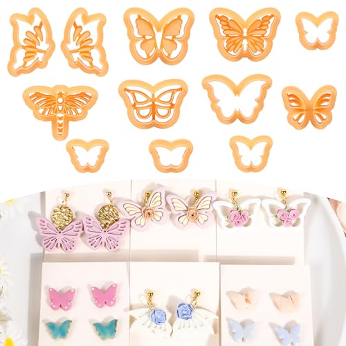 Puocaon Butterfly Polymer Clay Cutters - 12 Pcs Polymer Clay Cutters for Earrings Jewelry, Pierced Embossed Butterfly Draonfly Shape