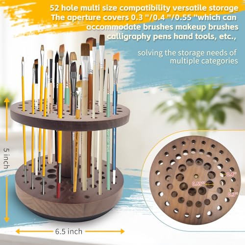 360° Rotating Hardwood Paint Brush Holder, Artist Desktop Storage Organizer - color: brown（52 Holes）