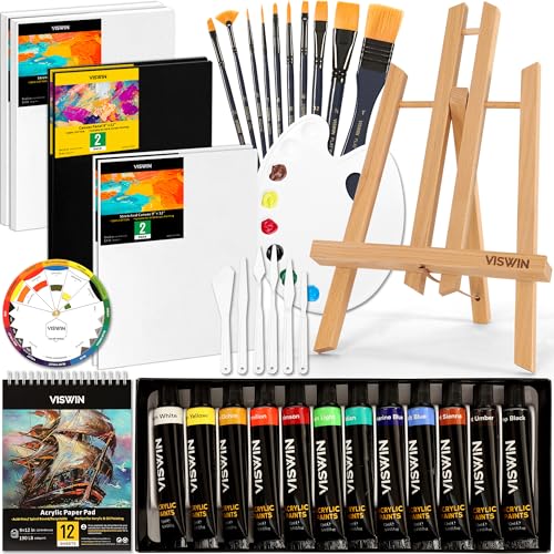 VISWIN 51 Pcs Acrylic Paint Set with Tabletop Easel, Painting Kit with 12 Acrylic Paints, Canvases, Brushes, Palette, Paper Pad, Art Supplies, Ideal Gift for Adults, Kids, Artists, Students - size: 50 Pcs