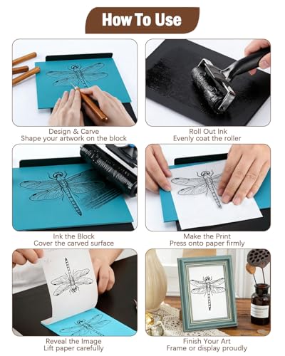 UCEC Linocut Kit for Printmaking - 38 Pcs Stamp Making Kit with 12 Wood Handle Carving Tools, A5 Linoleum Blocks, Brayer Roller & Baren - Complete Block Printing Starter Set for Adults & Beginners - color: Block Printing Kit-38 Pack
