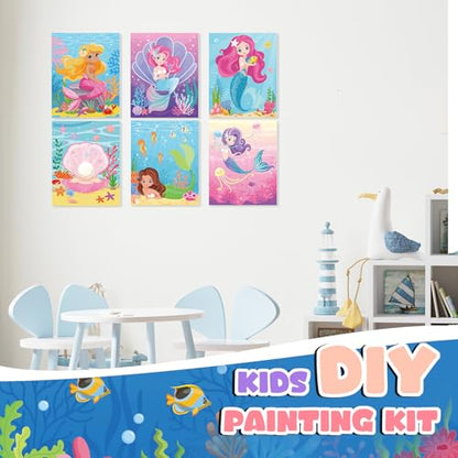 Ireer 12 Set Paint Party Set 8 x 10 Sip and Paint Kit Include 12 Printed Pre Drawn Canvas Panel, Wooden Easels, Palettes, Pots, Apron 36 Brushes for Adult Art DIY Party(Mermaid) - style: Mermaid
