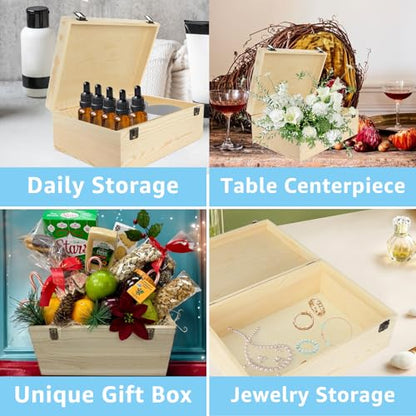 DAJAVE Unfinished Wooden Box, 12x9x5 Inch Large Wooden Box with Hinged Lid and Front Clasp, Pine Wood Box DIY Craft Stash Boxes for Arts Hobbies and Home Storage