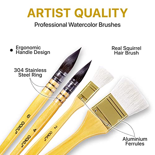 OOKU Professional Quill Brushes Watercolor Set - 6 Pc Real Squirrel Hair Blend Brushes for Consistent Flow - Short Handle Round Paint Brush for Artists, Painting, and Gouache