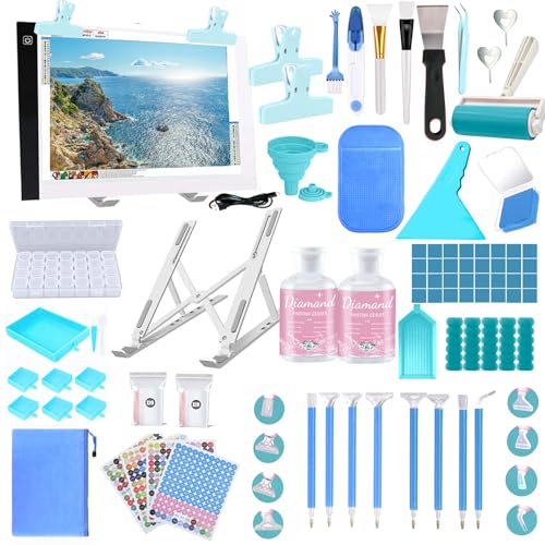NLXCXUCY 158pcs Diamond Art Accessories Kit All-Inclusive Diamond Painting Tool Set with A4 Diamond Painting Light Pad,Diamond Art Sealer Glue,Diamond Correction,Pens Storage Box for DIY Craft - color: blue, size: A4