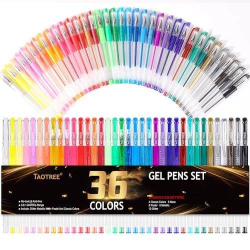 Taotree Glitter Gel Pens, 36 Colors Neon Glitter Pens, Colored Gel Markers | 40% More Ink Fine Point Art Markers Set for Adult Coloring Books, Drawing Art Supplies, School Journaling, Scrapbook Supplies - color: 36 Multicolor