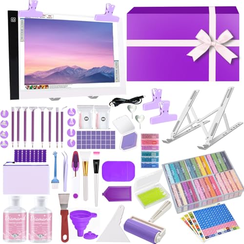 Qlonry 150 Pcs All Inclusive Diamond Painting Tool Kit Diamond Art Accessories Kit Including A4 LED Light Pad Kit,Bracket,Convex Point Design Storage Box,Painting Pen for DIY Craft - color: Purple, size: 01A4