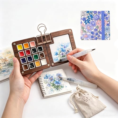 Mini Watercolor Travel Set – 15 Colors Watercolor Paint Set with Wooden Palette, Magnetic Lid, Water Brush, Sketchbook, Clips & Storage Bag, Complete Pocket Painting Kit for Artists, Beginners & Outdoor Sketching - color: A