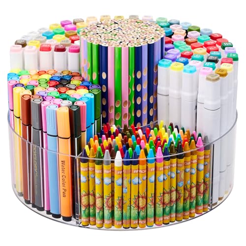 Acrylic Pen Marker Organizer for Desk, 360-Degree Rotating Pencil Holder Crayon Art Supplies Storage Organizer, 6 Slots Clear Large Capcaity Spinning Caddy for Home Office School Kids - size: Diameter 10"