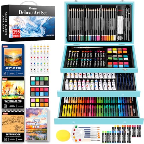 iBayam Art Set for Kids Teens Girls Boys Adult, 195-Pack Deluxe Artist Gift Box with 3 PCS Drawing Pads, A4 Canvases, Arts and Crafts Kits, Painting, Drawing & Art Supplies with 24 Color Acrylic Paint - color: Blue
