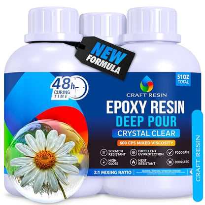 CRAFT RESIN Deep Pour Epoxy Resin Kit 51 Oz – for 2” Pours, Casting Resin Epoxy for River Tables, Wood, Flower Preservation & DIY Crafts – Crystal Clear & Bubble Free, UV Resistant & Food Safe - size: 51 Oz