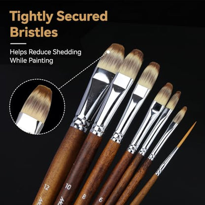 Marie's 7 Pcs Artist Paint Brush Set, Synthetic Nylon Brushes with Filbert and Liner Tips, Wood Handle Painting Brushes for Acrylic, Gouache, Oil, Practice and Professional Artwork