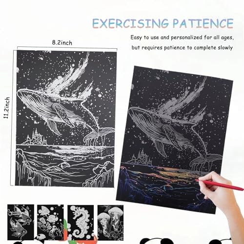 Scratch Art Adult DIY Paint by Scratch Rainbow Scratch Paper Art Colorful Sketches Scratch with 5 Scratch Tool for DIY Craft Gift（Ocean World） - style: Ocean World