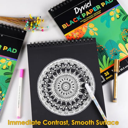Dyvicl Black Paper Sketchbook 9"x12", 90 lb/150 GSM, 35 Sheets, Spiral Black Sketch Pad Drawing Paper for Pencil, Pastel, White Ink Gel Pen, Charcoal, Chalk, Metallic Marker, Paint Pen - size: 9 x 12 inches