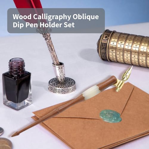 Wood Calligraphy Oblique Dip Pen Holder Set, Removable Nib Pen Handle with 5 Nibs for English Calligraphy Drawing Comic, Brown - color: Brown