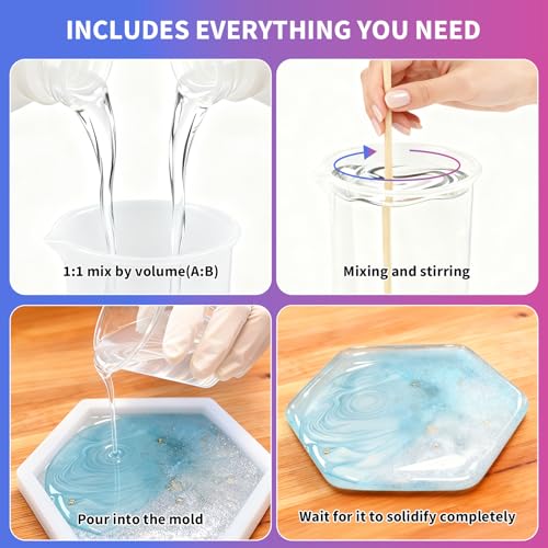 Minlebao Crystal Clear Epoxy Resin Kit 16oz, High Gloss Bubble-Free Coating & Casting for DIY Art, Jewelry Making, River Tables - 1:1 Ratio with Measuring, Silicone Mold and Usage Tools - size: 16OZ