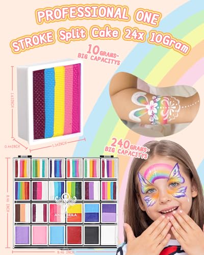 Anka Bella Professional Washable 24x10gm Face Paint for Kids & Adults,Water Based One Stroke Split Cake Face Painting Kit with Brushes,Non toxic ,Ideal for Easter/Parties/Halloween/Carnival - color: Multicolor