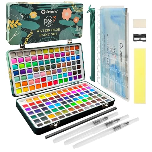 Artecho Watercolor Paint Set 168 Colors, Painting Kit with Watercolor Pad, Brushes and Pencil, Ideal Water Color Kit for Beginners & Professionals - style: 168 Colors