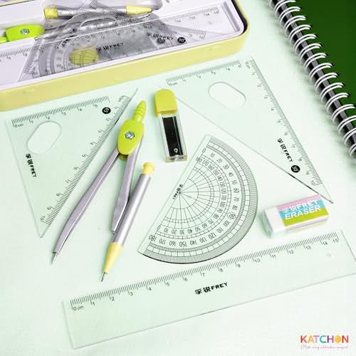 KatchOn, Geometry Set for Students - 8 Pieces | Metal Compass, Protractor, Eraser, Triangle Ruler, Lead Refills and Metal Box | Protractor and Compass Set | Back to School Supplies | Class Supplies