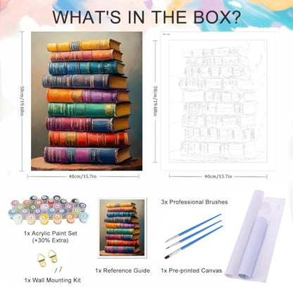 Natuyalo Paint by Numbers for Adults, Stacked Books Paint by Numbers Kit on Canvas for Beginners, Number Painting Set Art Craft Supplies, 3 Paintbrushes and Acrylic Paint 16x20 inch - color: Color-06
