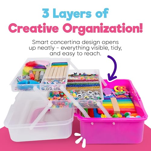 Blue Squid Arts & Crafts Box (Pink)- 2800+ pcs Deluxe Craft Supplies Box, 2 Drawers, 18 Compartments, Sturdy Handle - Art Crafting Kit Birthday Gifts for Kids, School Supply for Ages 4-12 - color: Pink