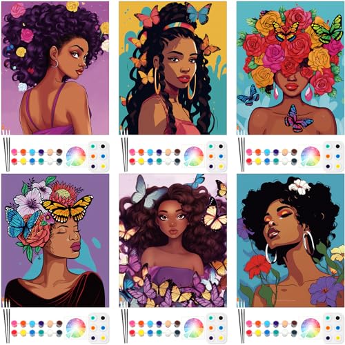 Dinifee 6 Pack Pre Drawn Canvas for Painting Pre Printed Canvas Kit 8 x 10 Inch Stretched Cotton Paint and Sip Set for Adults Couple Party Graduation Summer Date Night(Flower Lady) - style: Flower Lady