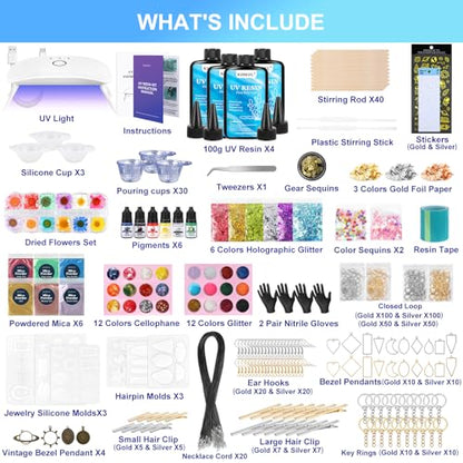 KISREL UV Resin Jewelry Making Kit, 400g Crystal Clear Resins with Light and Molds, DIY Jewelry Making Resin Kits, Resina Starter Kit for Keychain, Hair Clip and Earring - size: UV400g resin kit with light