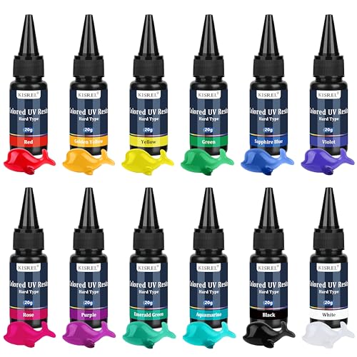 KISREL UV Resin, 12 Colors - 240g UV Resins Kit, Transparent Colored Resins, Rigid Ultraviolet Clear Resin for Crafts, Jewelry Making and Decoration - size: 12 Colors