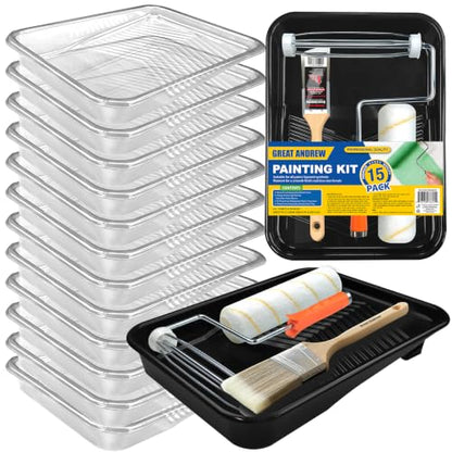 Great Andrew 9 Inch Paint Tray Set, 15-Pack, Plastic Paint Tray with 12 Textured Tray Liners, Paint Brush, Paint Roller and Wire Roller Frame for Painting Walls, Ceilings, Trim, Siding - size: 15 Pack Liners Kit, 9 In