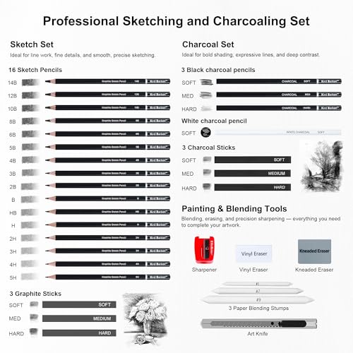 33 Piece Sketching Pencil Set - 5H to 14B Pencils, Charcoal Pencils, Charcoal Sticks,Graphite Sticks,Painting tools – drawing pencil set for Beginners, Artists, Students, Kids