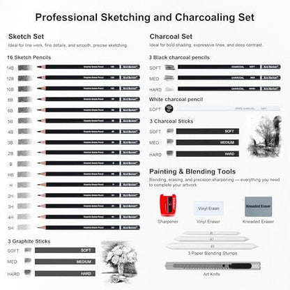 33 Piece Sketching Pencil Set - 5H to 14B Pencils, Charcoal Pencils, Charcoal Sticks,Graphite Sticks,Painting tools – drawing pencil set for Beginners, Artists, Students, Kids