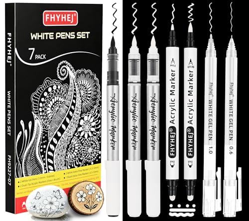 White Ink Pens Set of 7, Fine Point White Gel Pens, Black Brush Tip Acrylic Markers, Dual-Tip Opaque Acrylic Paint Pens for Black Paper Drawing, Sketching, Rock Painting, Card Making - color: White, Black, size: 0.6/1.0/2.0 mm